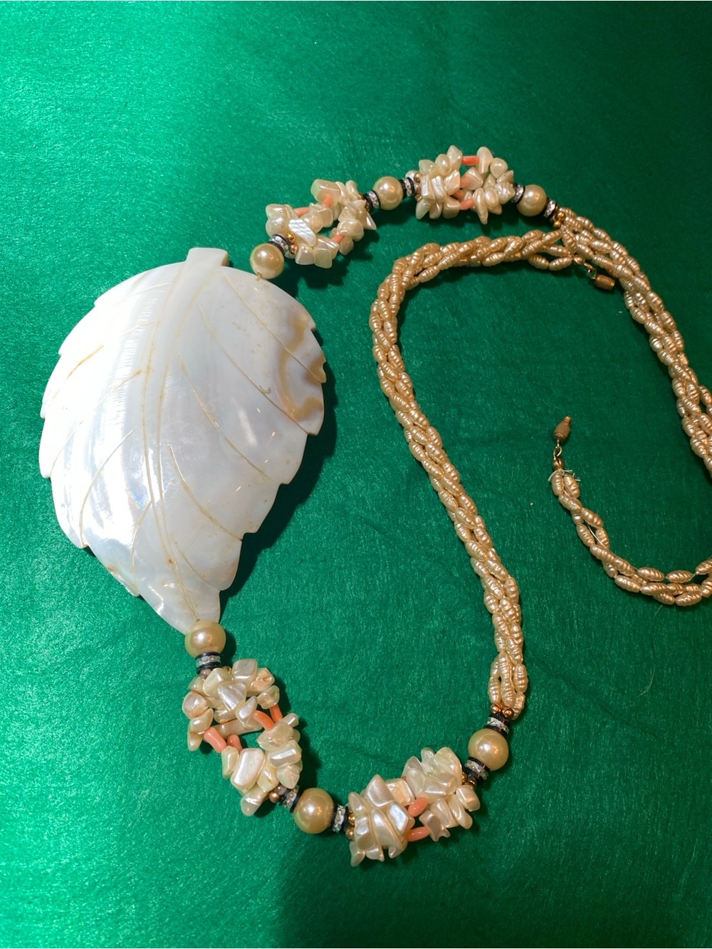Vintage Mother of Pearl Leaf Necklace - Freshwater Pearl Multi Strand.